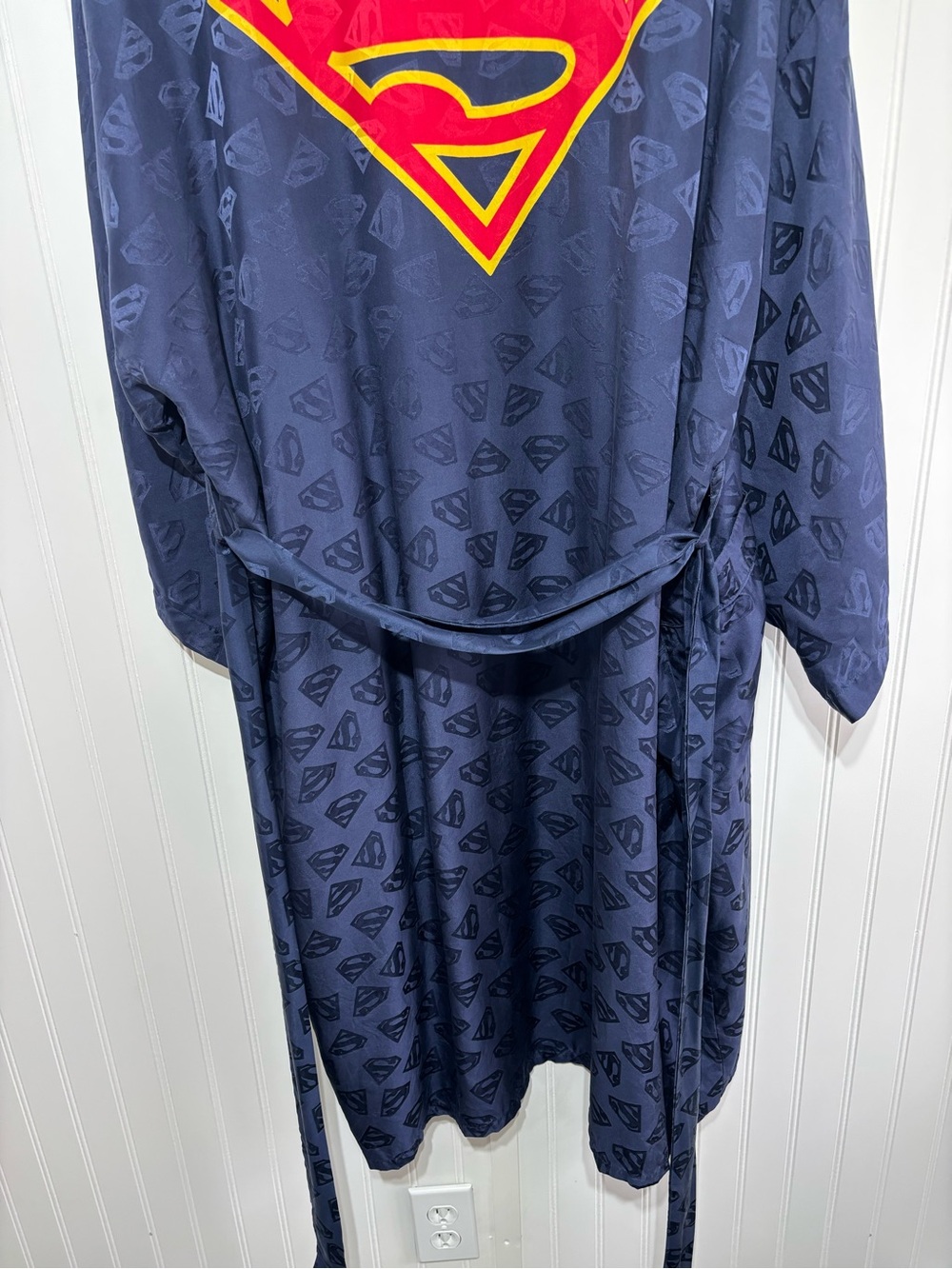Vintage 1997 Superman 100% Silk Robe Kimono Lounge Wrap DC Comics Blue W/belt - Picture 10 of 15